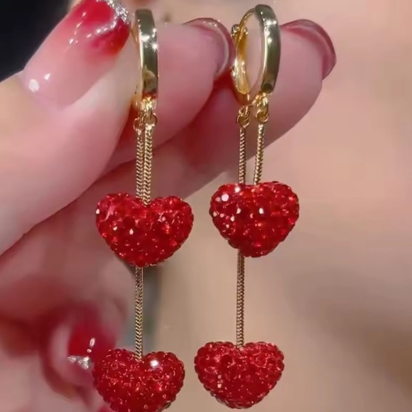 Glam Red Heart Drop Gold Earrings - Picture 2 of 6